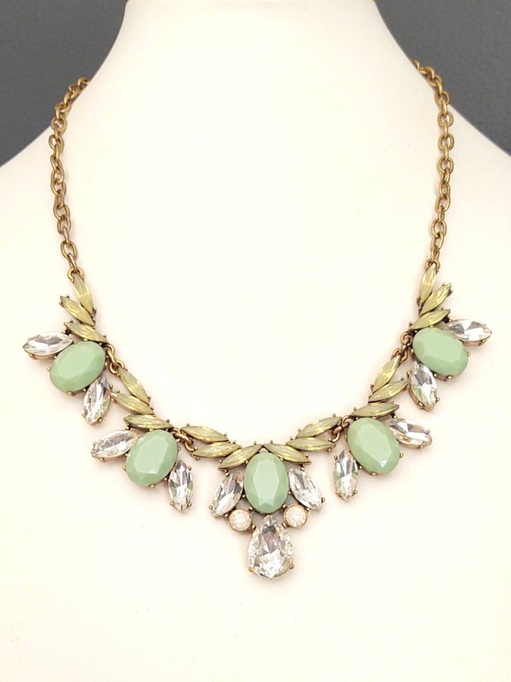 Pale green, clear glass, yellow and opalescent beaded statement necklace